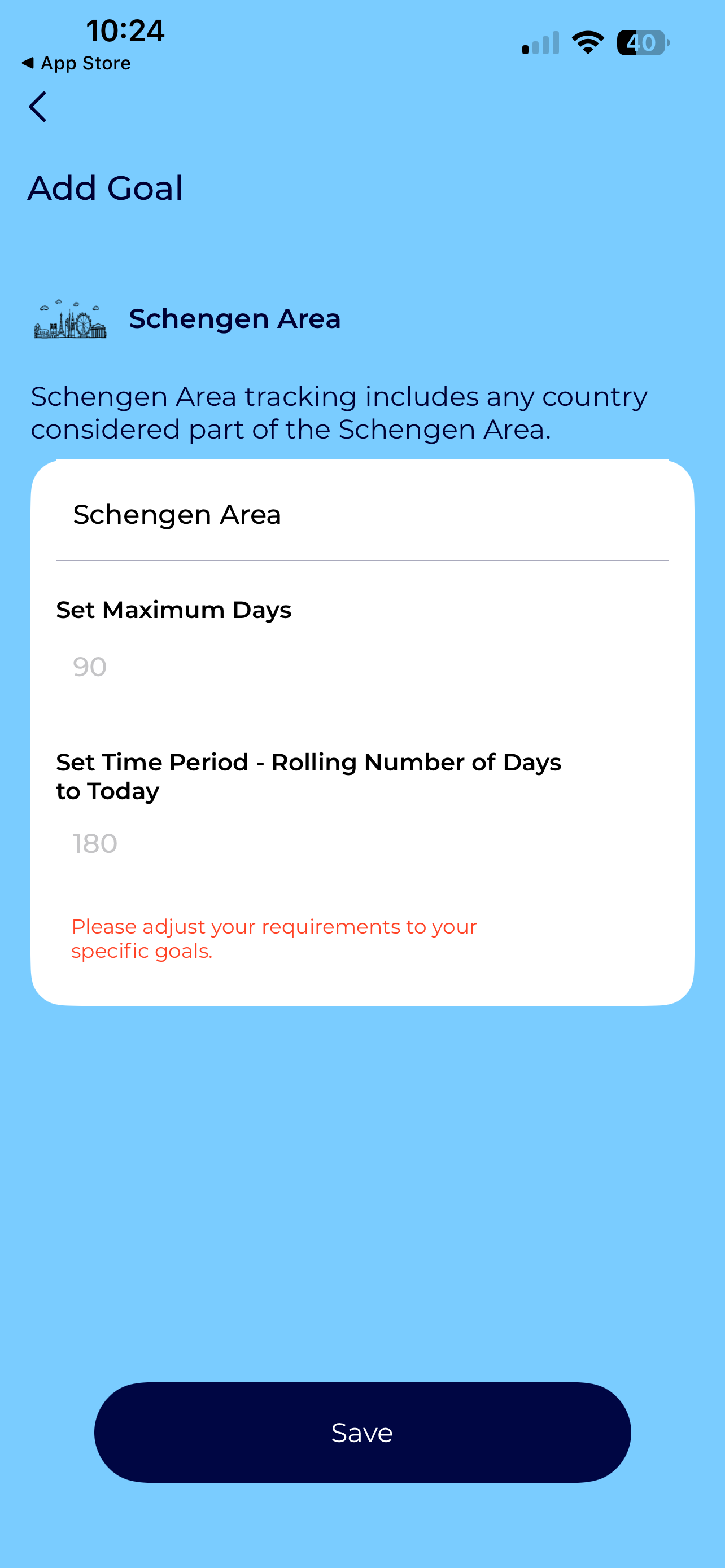 Chrono — Schengen goal setup: 90 maximum days over a rolling 180-day window.